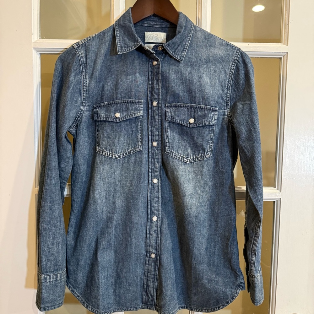 J.Crew Women Long Sleeve Slim Denim Pearl Snap Button-Up Jacket Blue Size 0